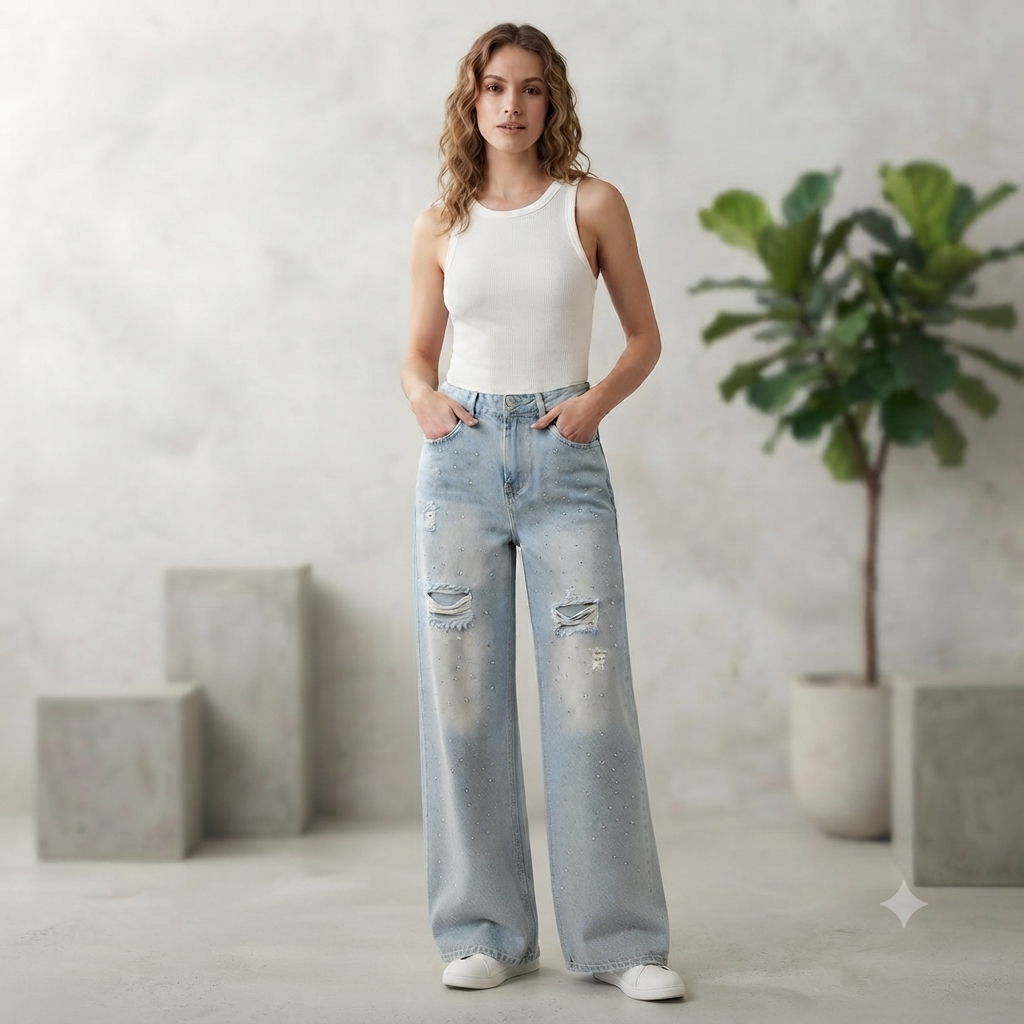 Jeans largo chiaro brillantato da donna