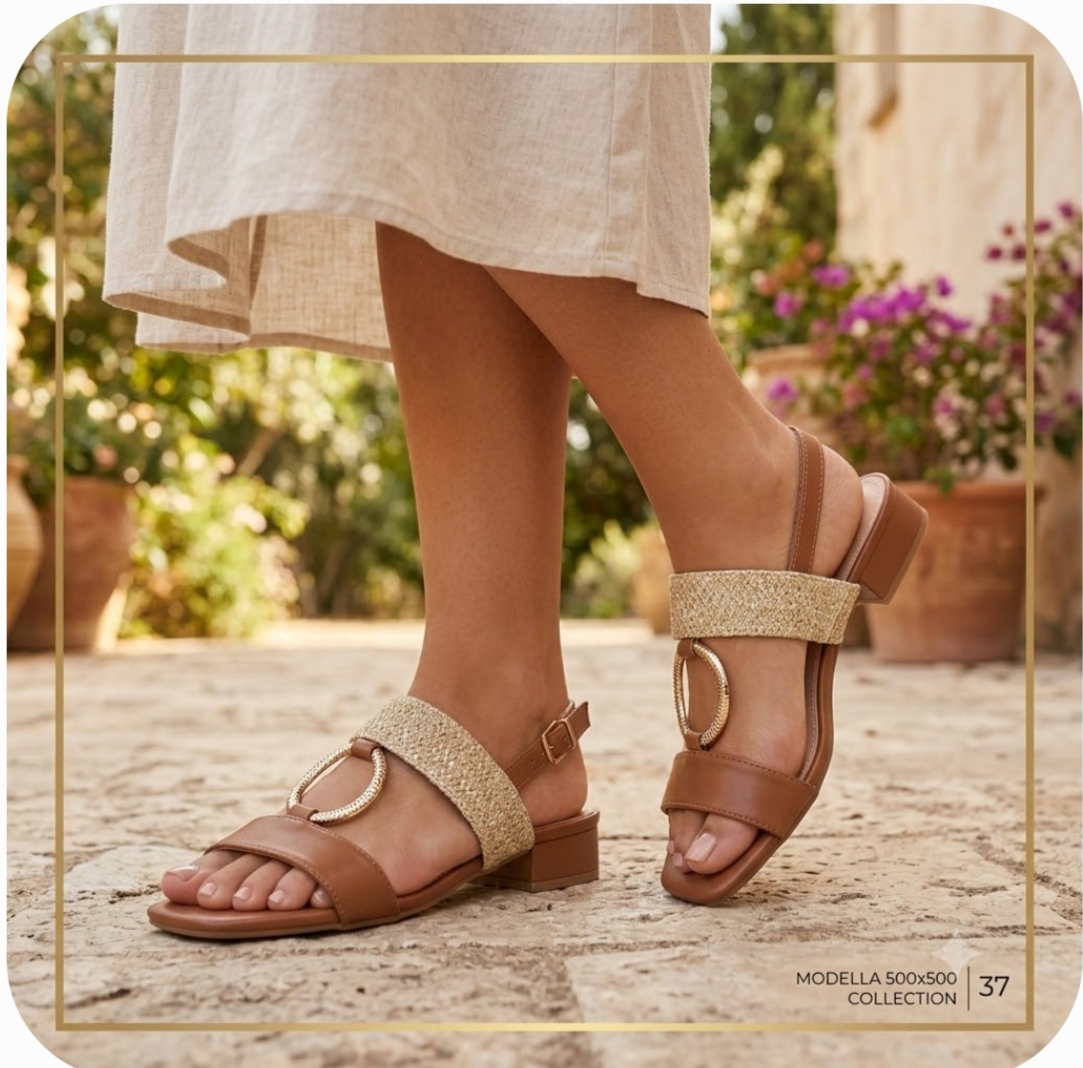 Sandali Cuoio Donna con Tacco Basso | Sandali Estivi in Rafia e Pelle Marrone