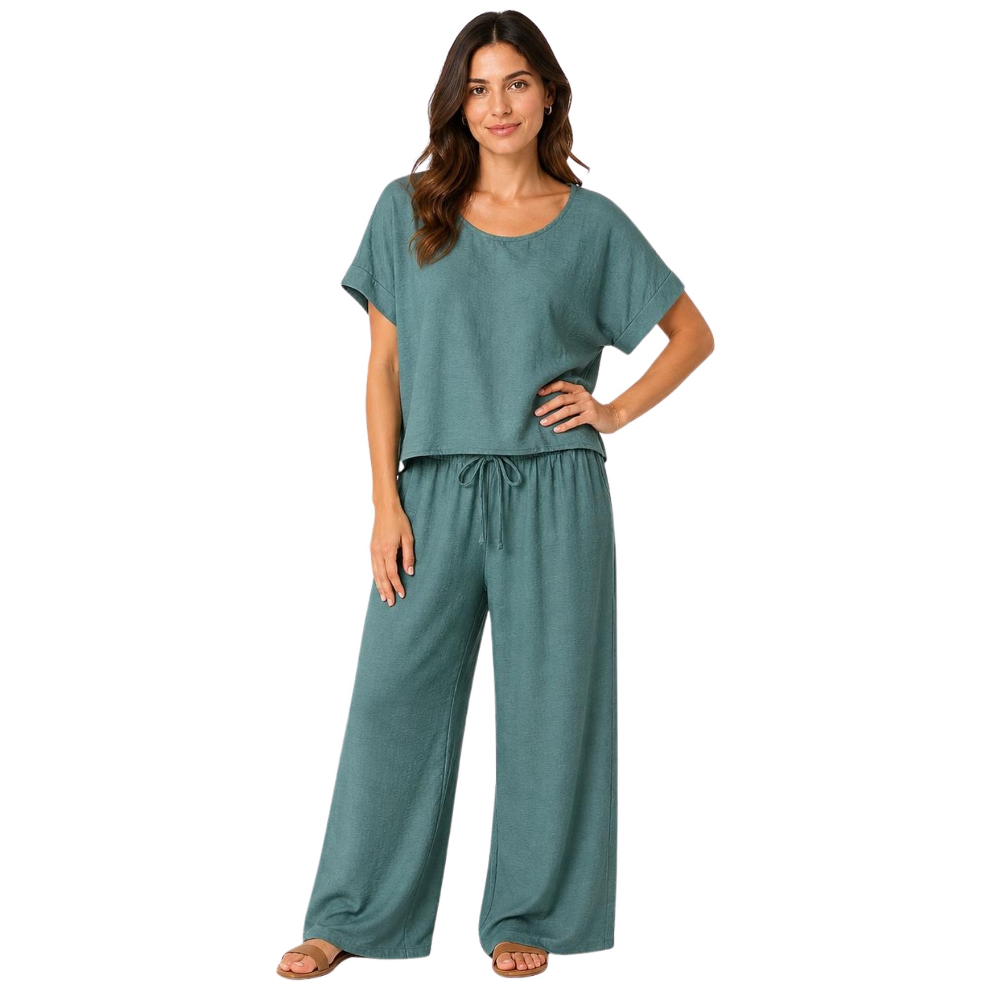 Completo Coordinato in Viscosa Verde Salvia: Blusa Crop e Pantaloni Relaxed