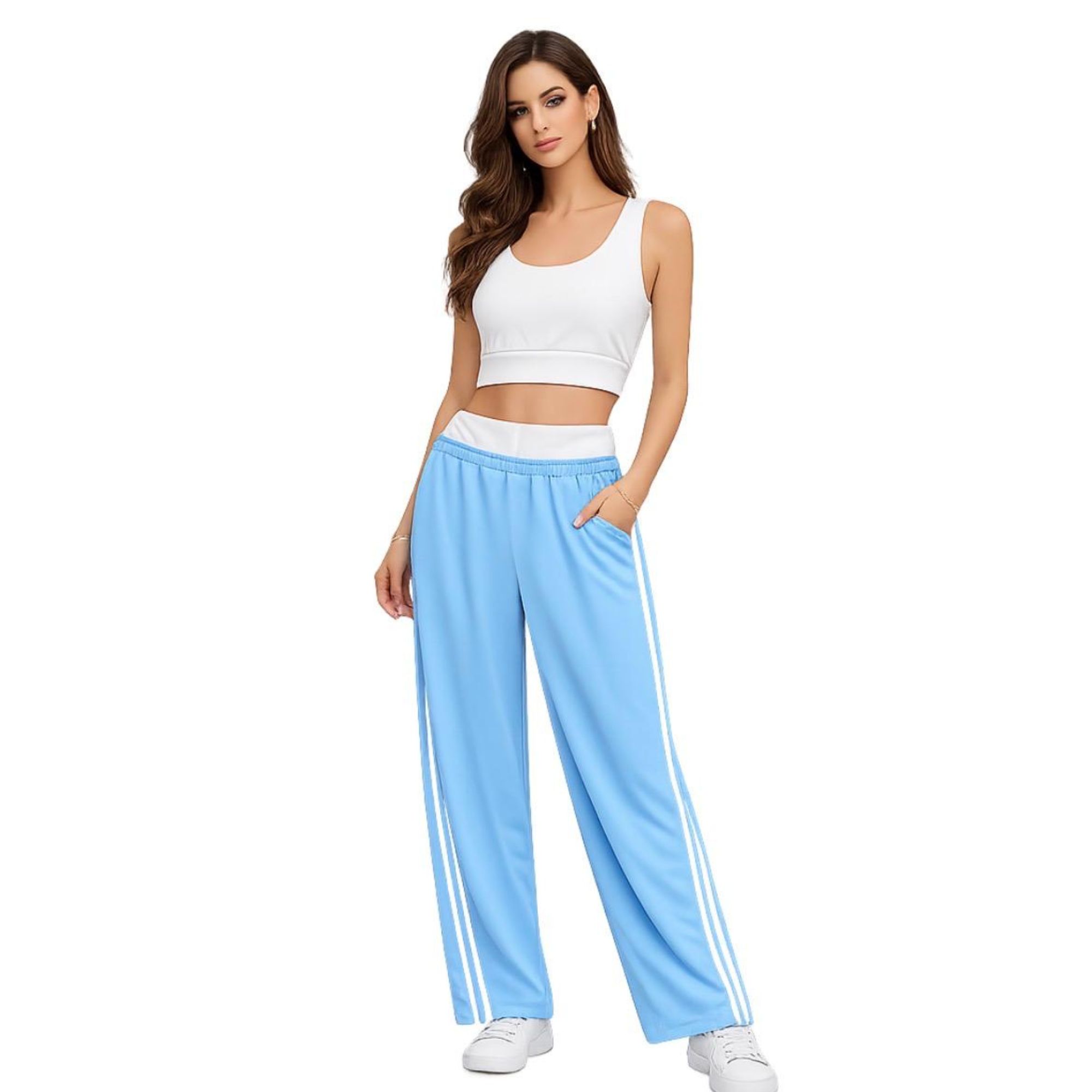 Pantaloni Sportivi Wide-Leg Azzurro Cielo con Bande Laterali – Urban & Comfy