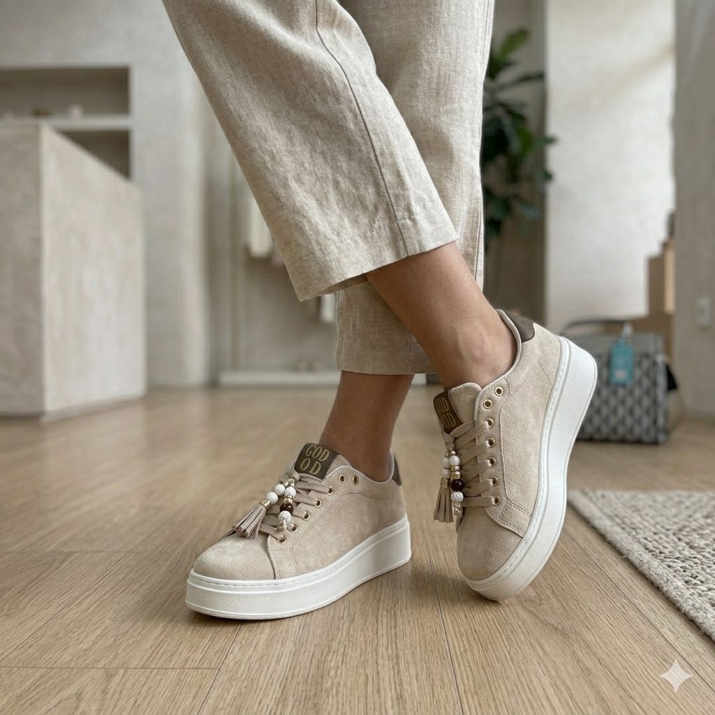 Sneaker Platform Donna in Camoscio – Beige e Dettagli Boho