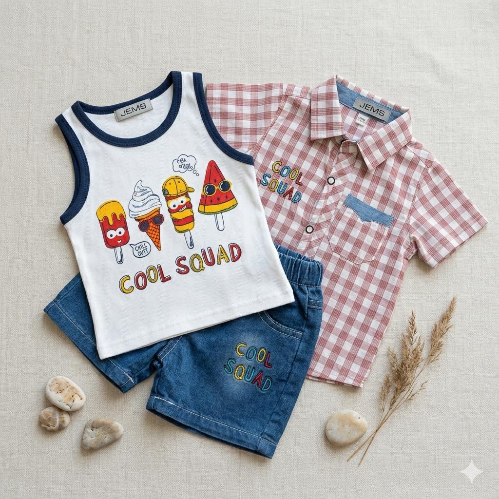 Completo Estivo Bambino 3 Pezzi: Camicia a Quadri, Canotta “Cool Squad” e Bermuda di Jeans – JEMS