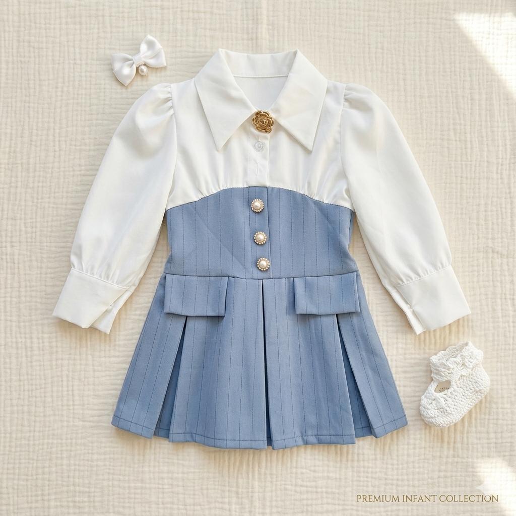 Abito bambina elegante con gonna plissettata blu e camicia bianca