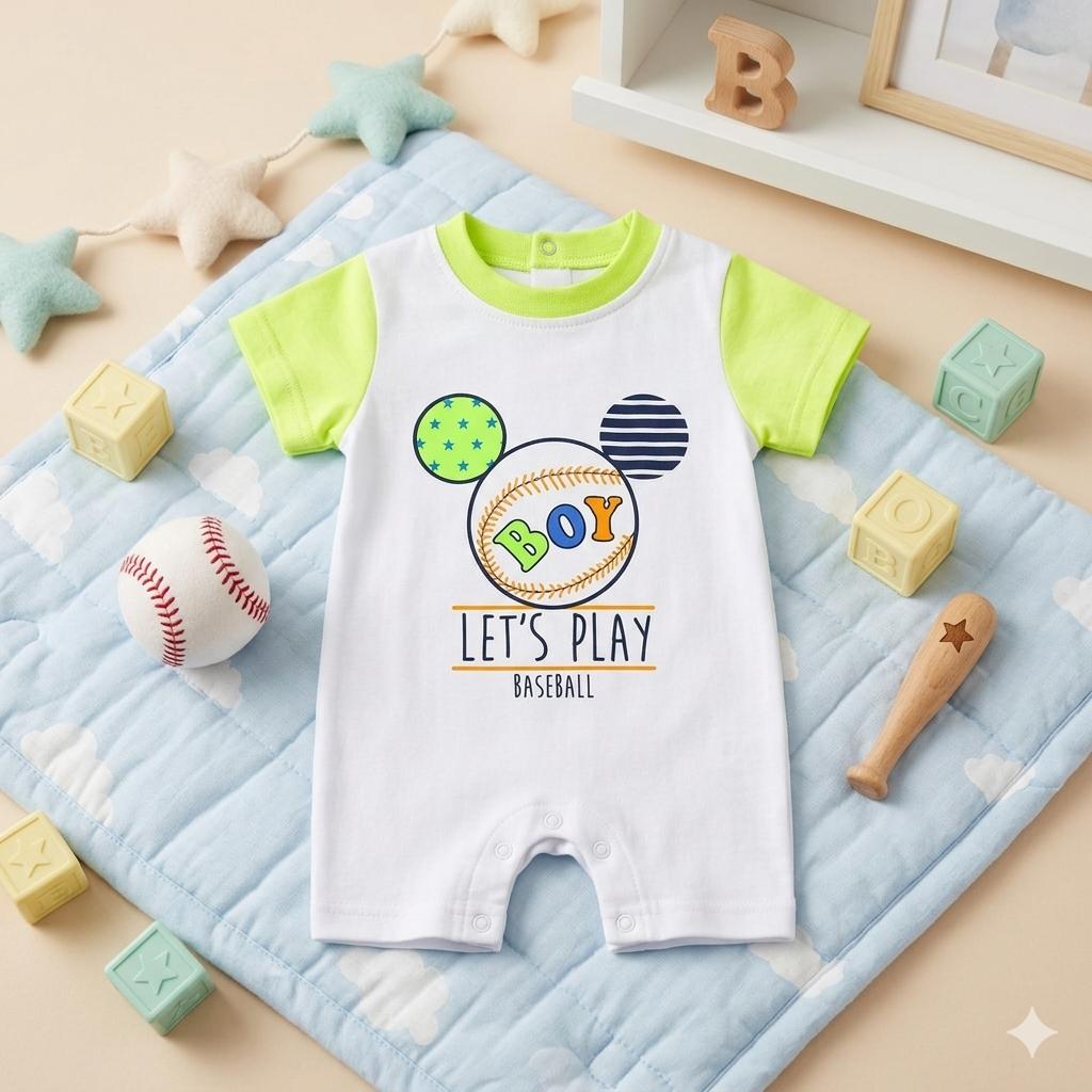 Pagliaccetto Neonato Estivo Baseball in Cotone | Tutina Corta Bicolore Verde e Bianca