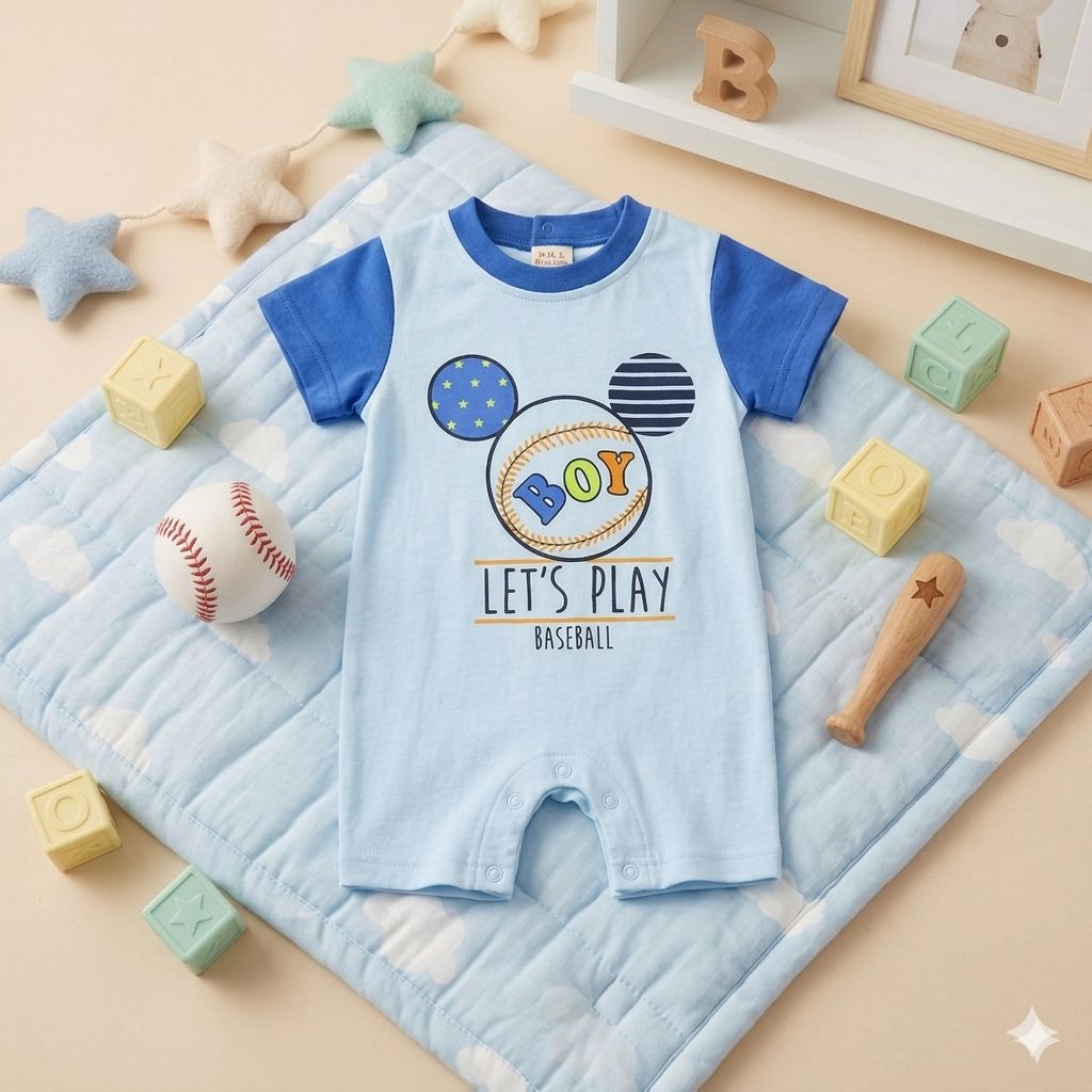 Pagliaccetto Neonato Estivo Baseball in Cotone | Tutina Corta Bicolore Azzurra e Blu