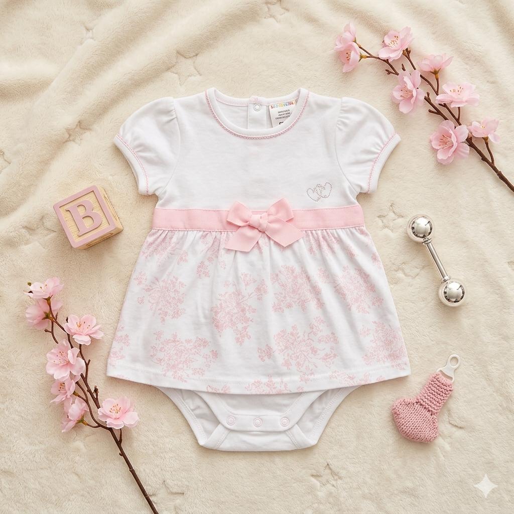 Vestitino Pagliaccetto Neonata Bianco e Rosa – Body con Gonna Floreale e Fiocco
