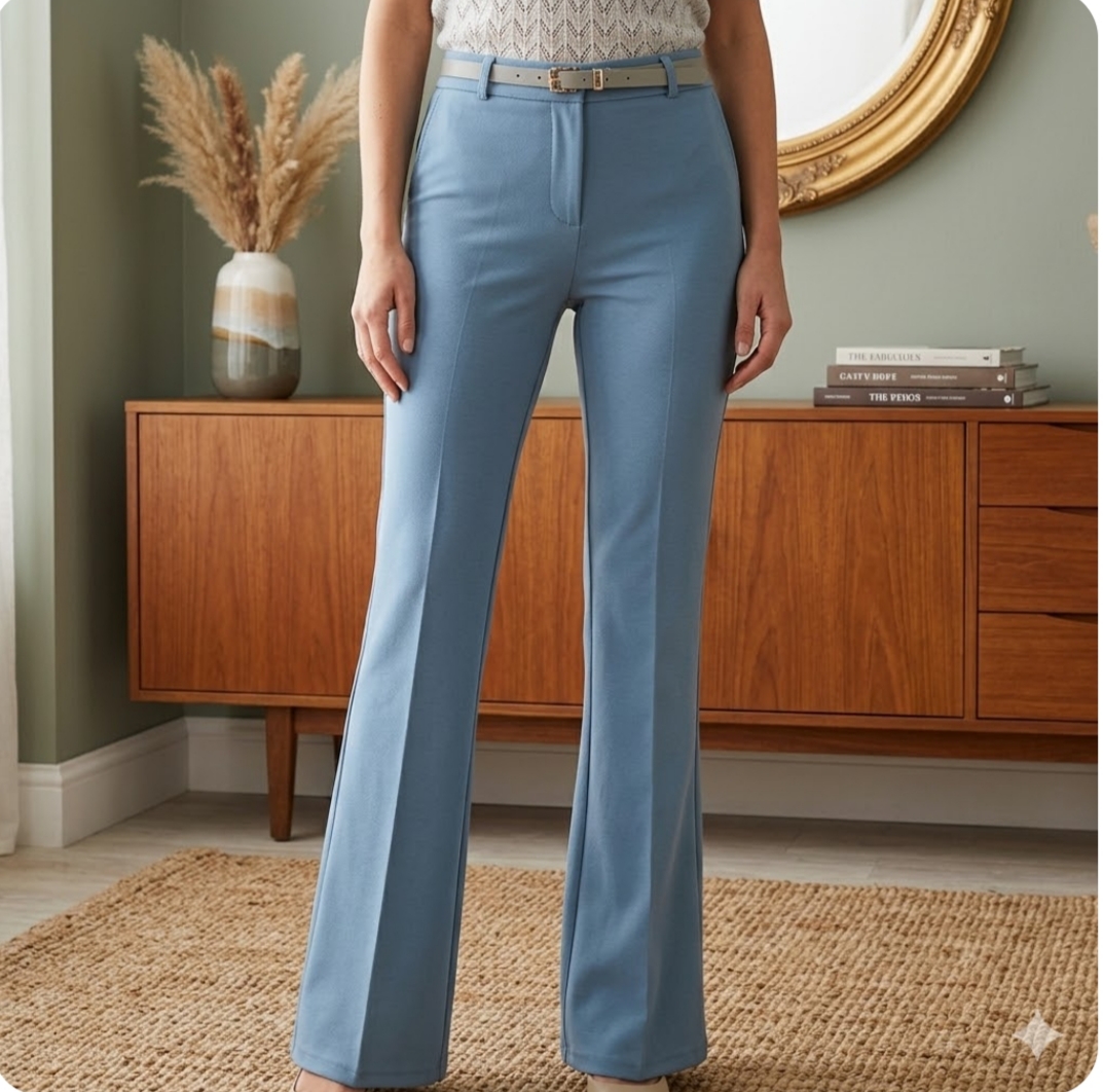 Pantaloni a Zampa Eleganti Color Avio con Piega Stirata