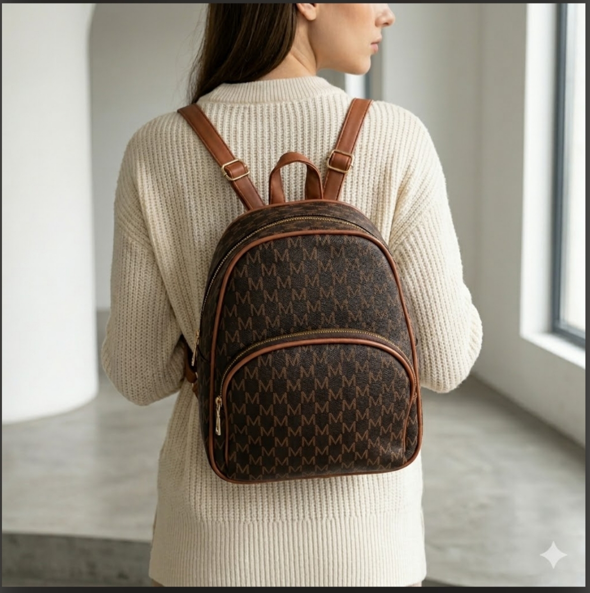 Zaino Donna Monogram Nero e Cammello – Stile Casual Chic da Città