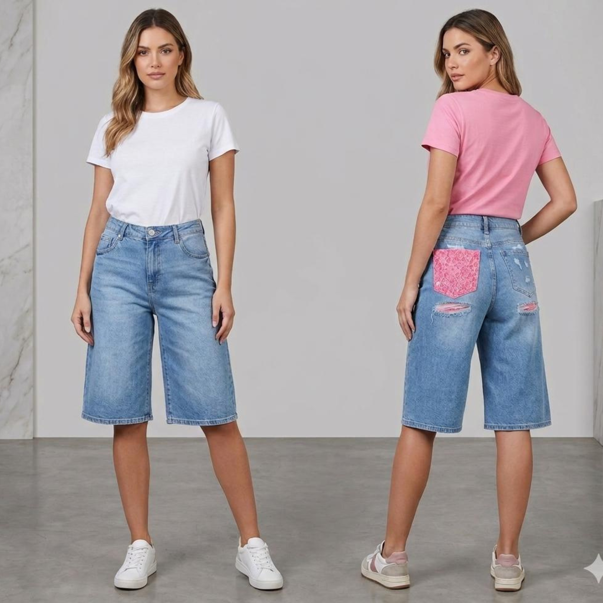 Bermuda Jeans Donna a Vita Alta con Dettagli Rosa e Tasca Bandana – Shorts Denim Lunghi