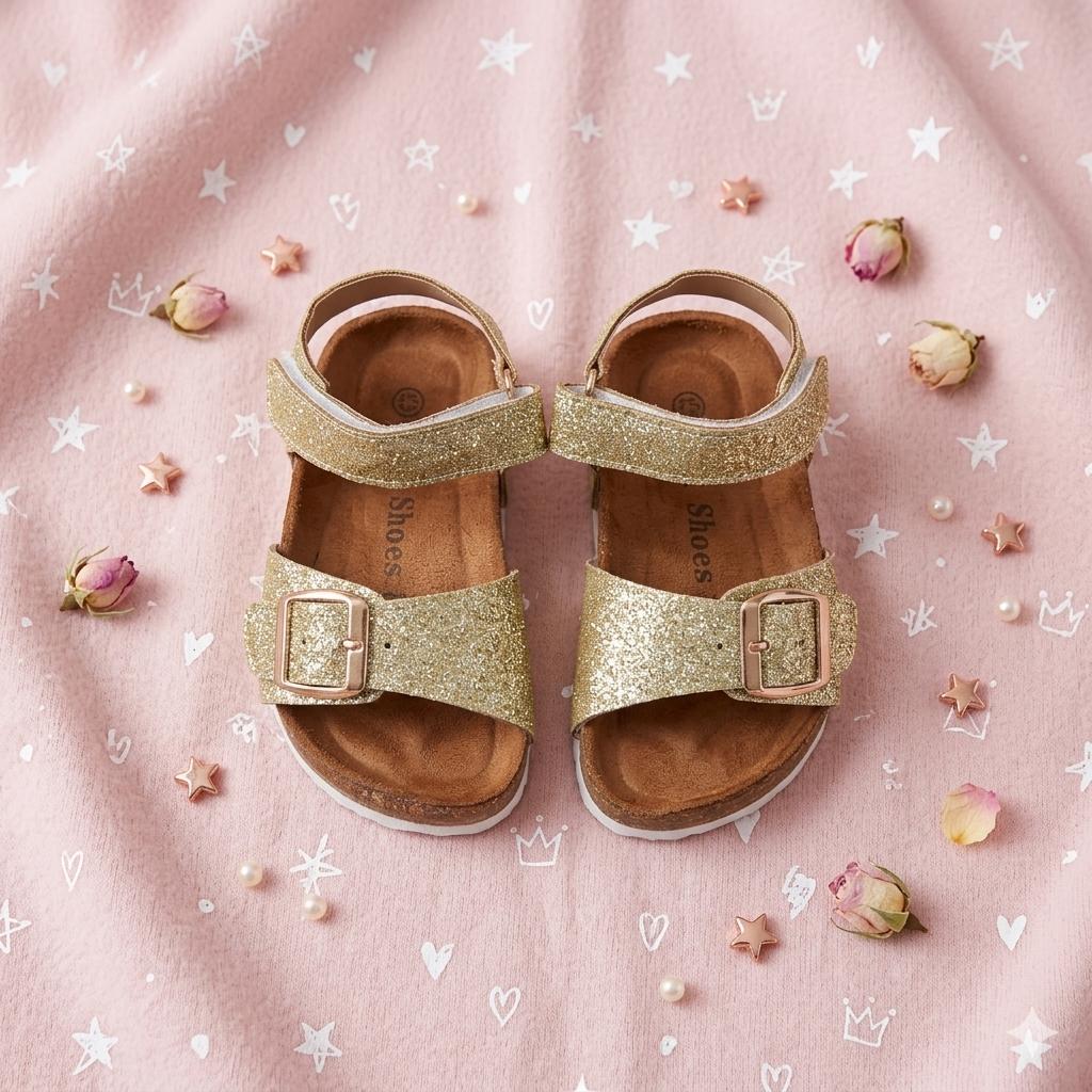 Sandali Glitterati Dorati per Bambina con Plantare Anatomico e Chiusura a Strappo