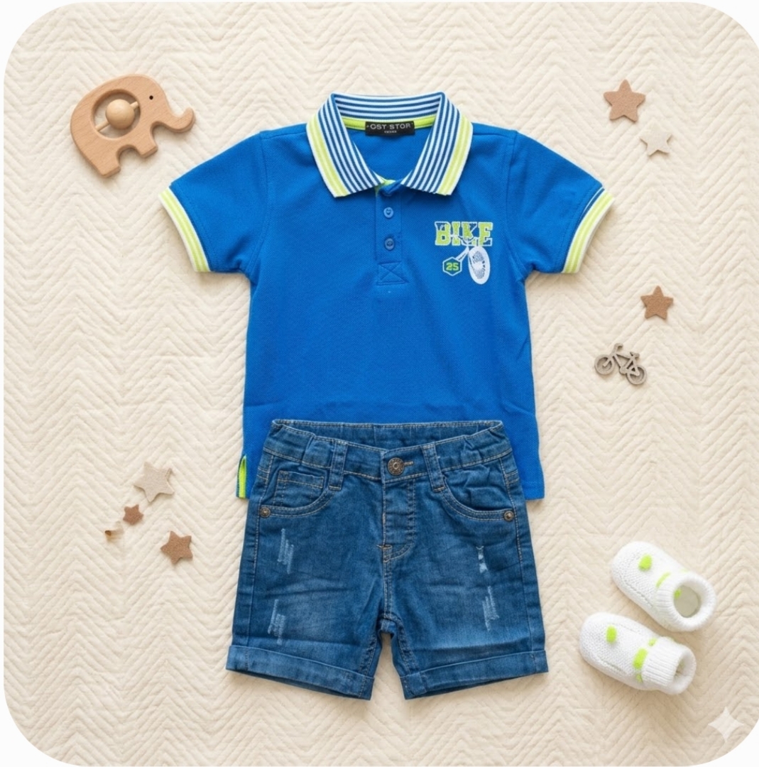 Completo Estivo Bambino: Polo Blu Elettrico con Dettagli Fluò e Pantaloncini di Jeans