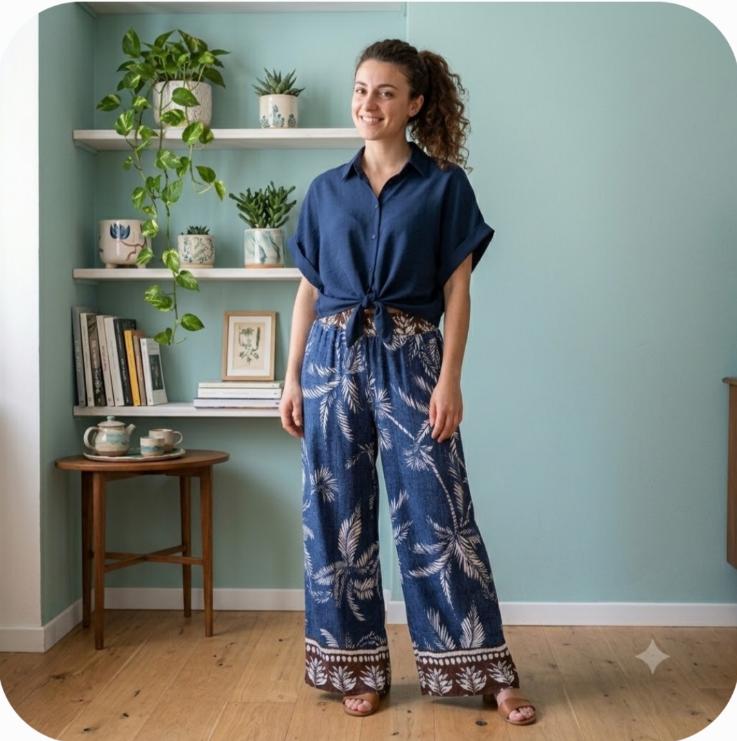 Completo Coordinato Donna Blu con Stampa Palme – Camicia a Maniche Corte Annodata e Pantaloni a Palazzo Fluidi
