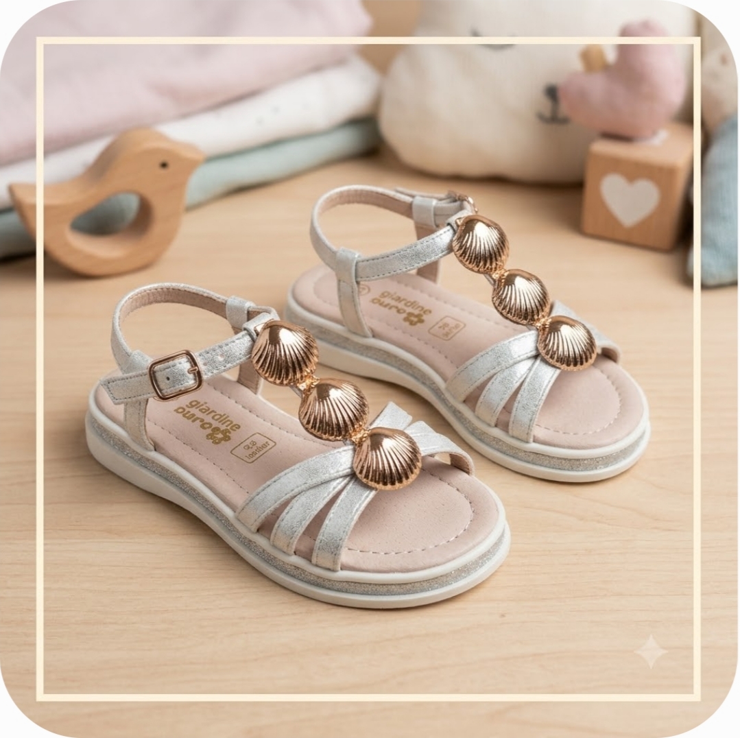 Sandali Bambina Eleganti in Pelle Argento – Scarpe Estive da Bambina Primi Passi con Dettagli Conchiglie Oro – Sandaletti Comodi da Cerimonia e Casual
