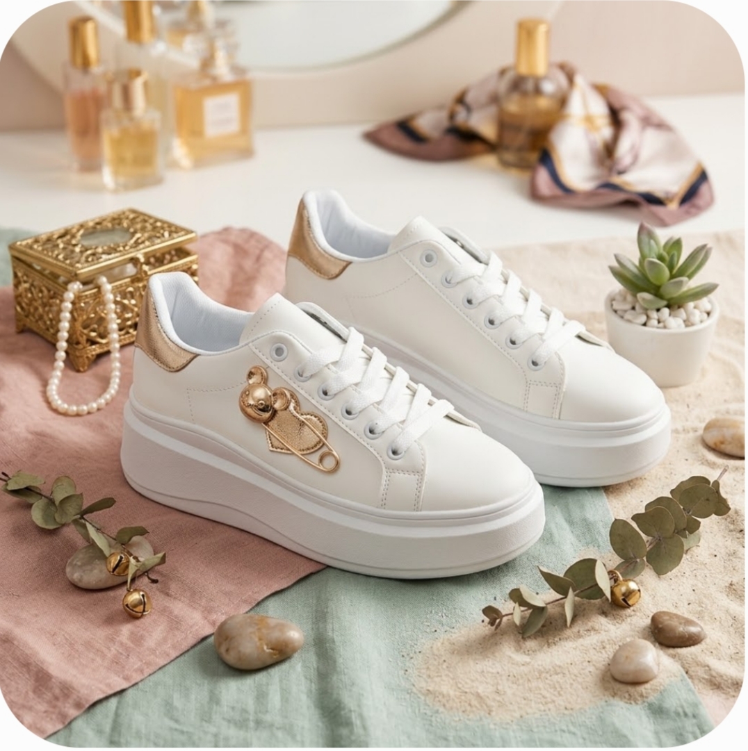 Sneakers Platform Bianche Donna con Dettagli Oro e Spilla Orsetto