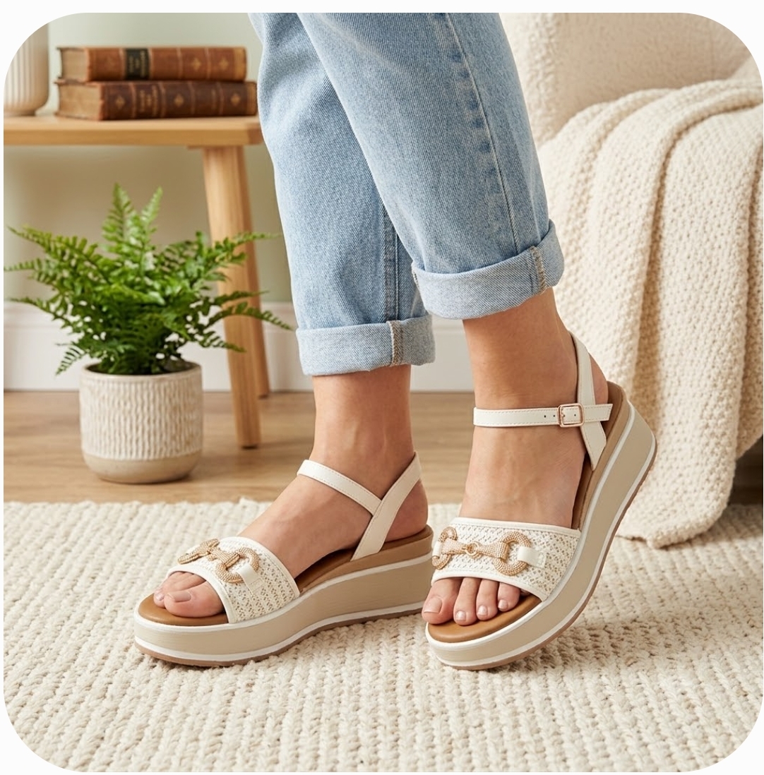 Sandali Platform Donna con Zeppa Bassa, Fascia Intrecciata e Morsetto Dorato