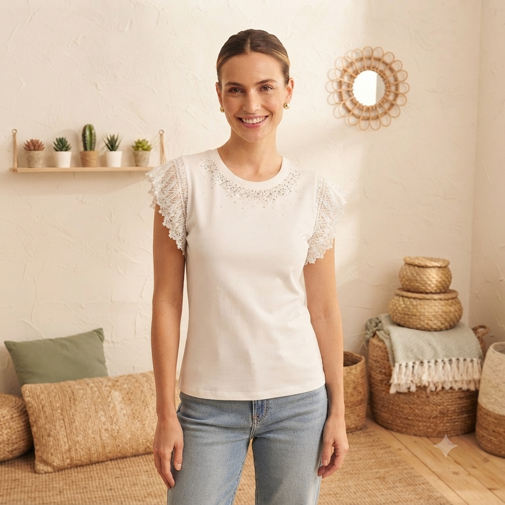 T-shirt Donna Bianca Elegante con Maniche in Pizzo e Strass