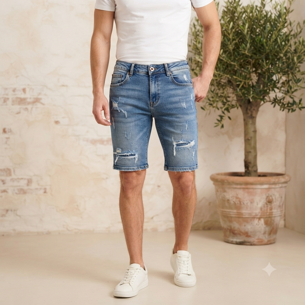Bermuda Denim Uomo con Strappi – Lavaggio Medio