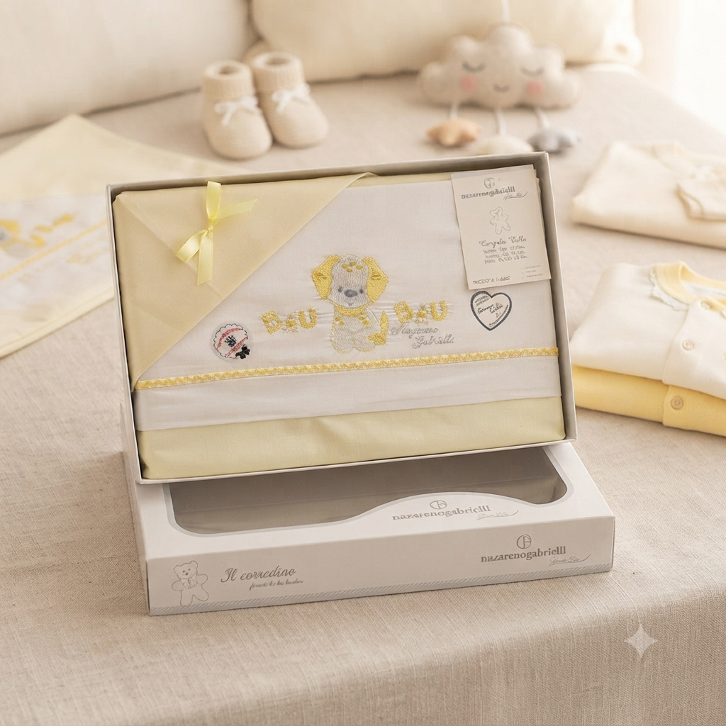 Set Lenzuola Carrozzina Neonato Nazareno Gabrielli – Ricamo Cucciolo Bau Bau – Giallo Delicato