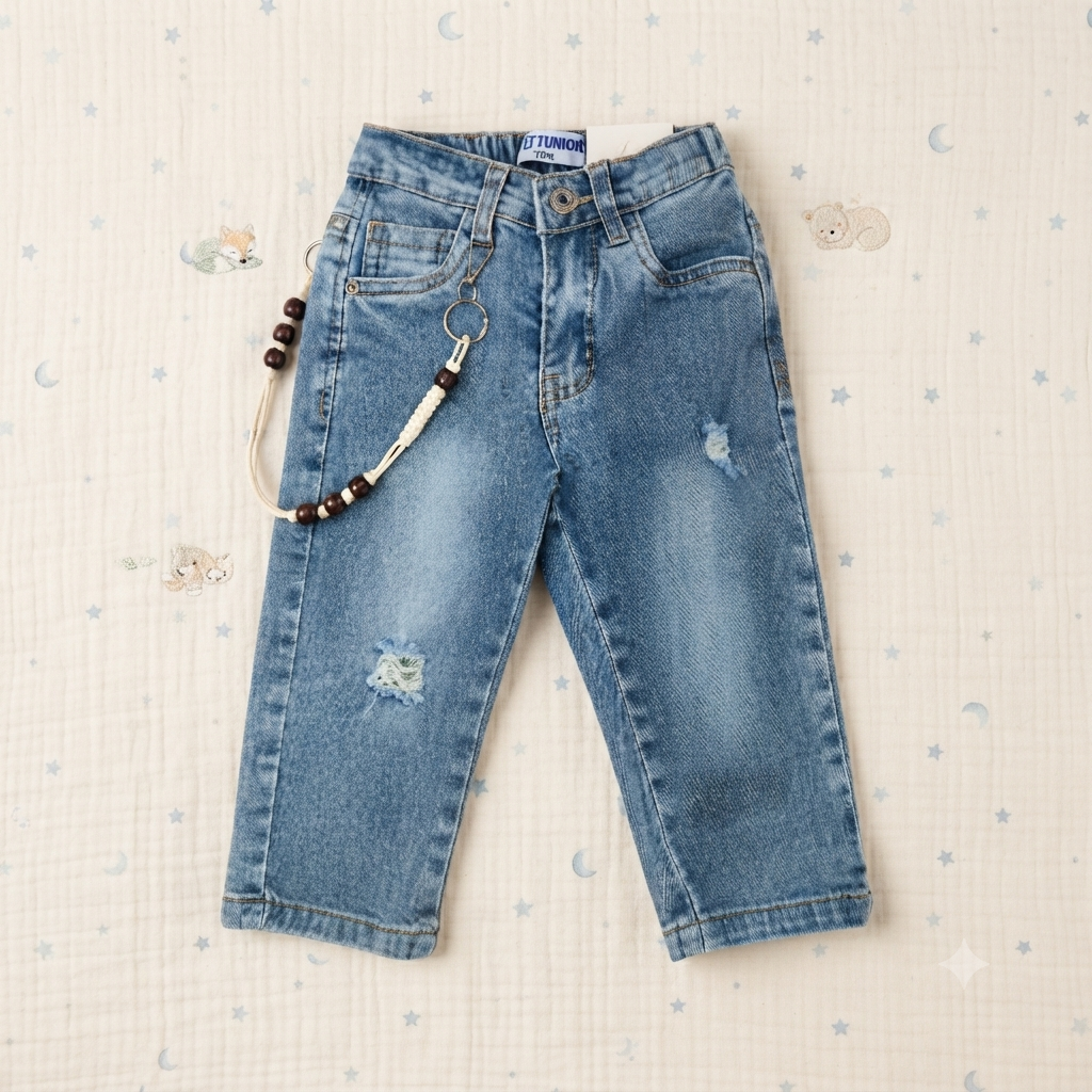 Jeans Bambino con Strappi e Catenella in Legno – Denim Casual Chic