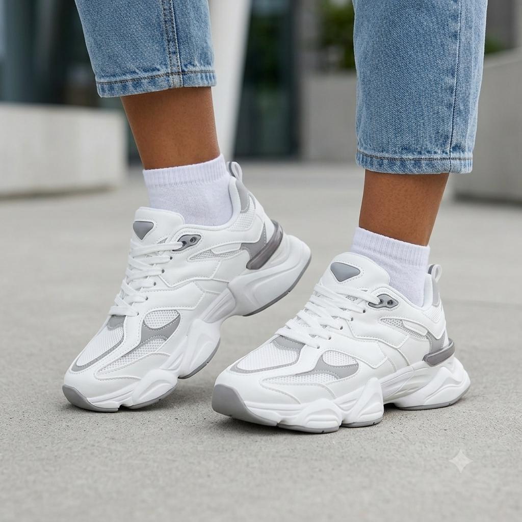 Sneakers Chunky Bianche con Inserti Silver e Suola Platform