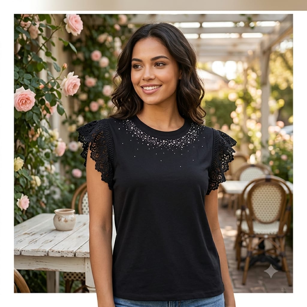 T-Shirt Nera Elegante Donna con Maniche in Pizzo e Strass