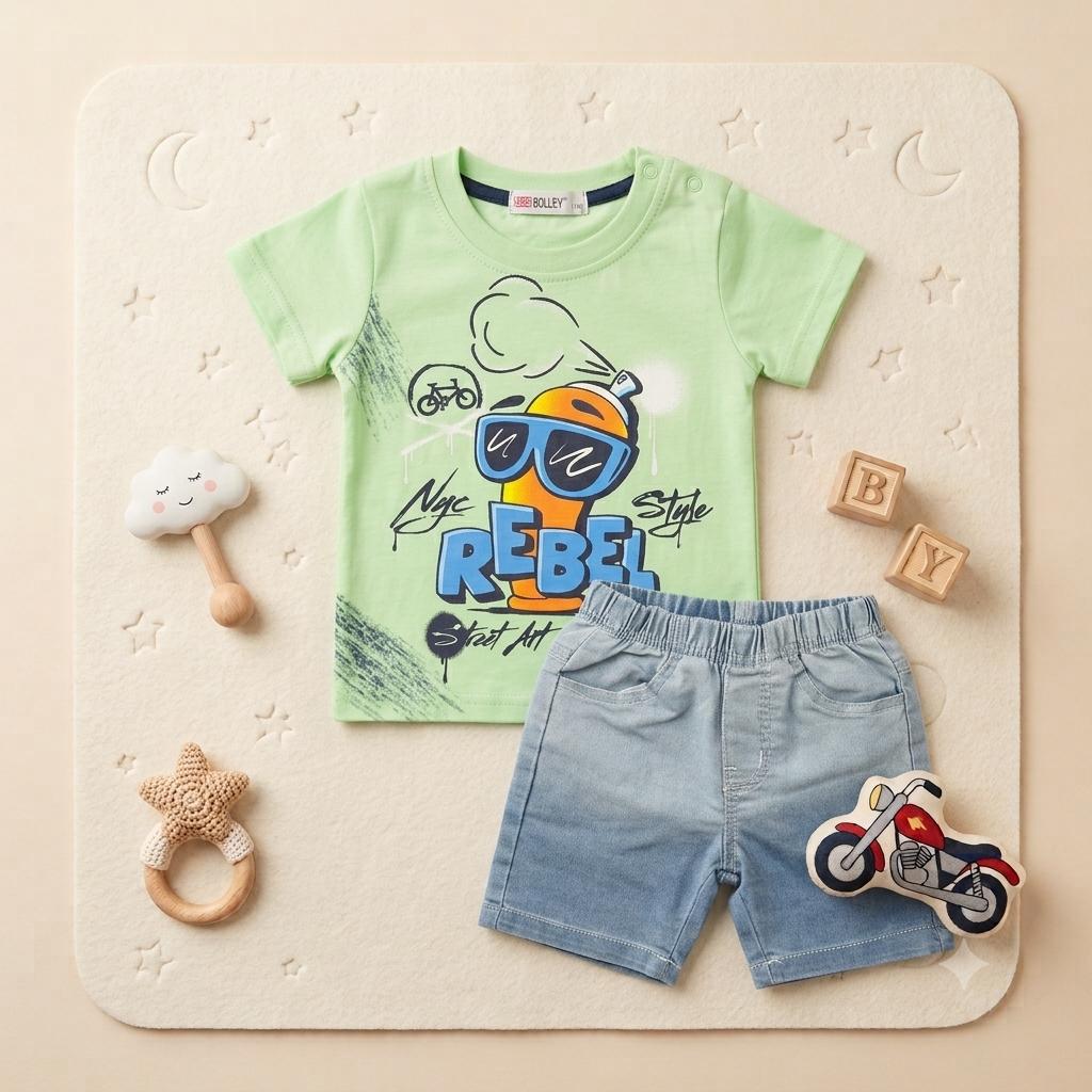 Set Coordinato Estivo Neonato: T-shirt Rossa “Rebel” e Pantaloncini in Jeans – 2 Pezzi