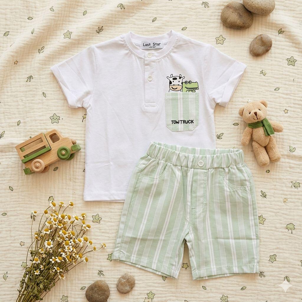 Completo Estivo Neonato: T-shirt con Bottoncini e Pantaloncini a Righe Verdi – Set 2 Pezzi