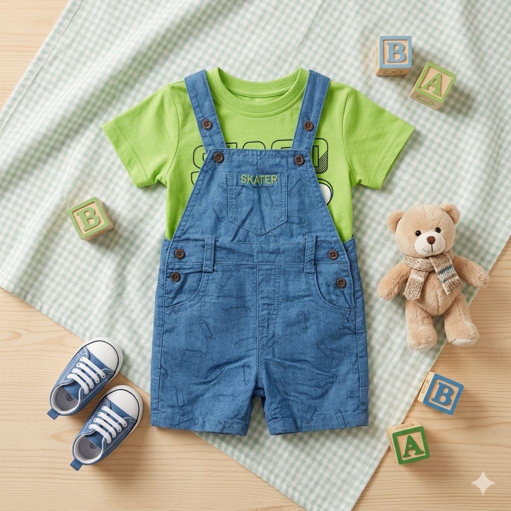 Salopette Corta in Jeans con Stampa Skate e T-shirt Verde – Set 2 Pezzi