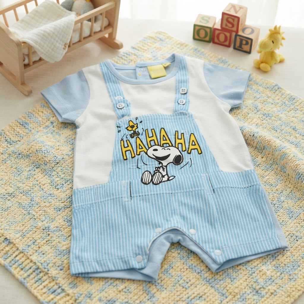 Pagliaccetto Neonato Snoopy Peanuts in Cotone – finto Completo a Salopette Rigata Celeste