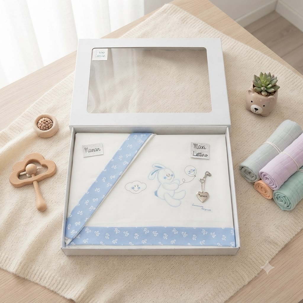 Set Lenzuola Neonato-Carrozzina – Ricamo Coniglietto con Palloncino – Bianco e Azzurro