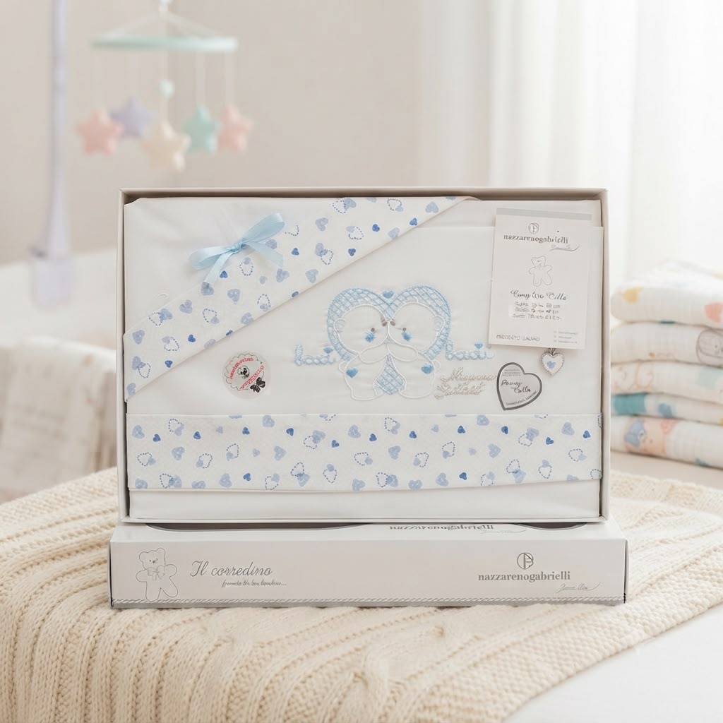 Set Lenzuola  Carrozzina Nazareno Gabrielli – Ricamo Orsetti Baci Baci – Bianco e Azzurro