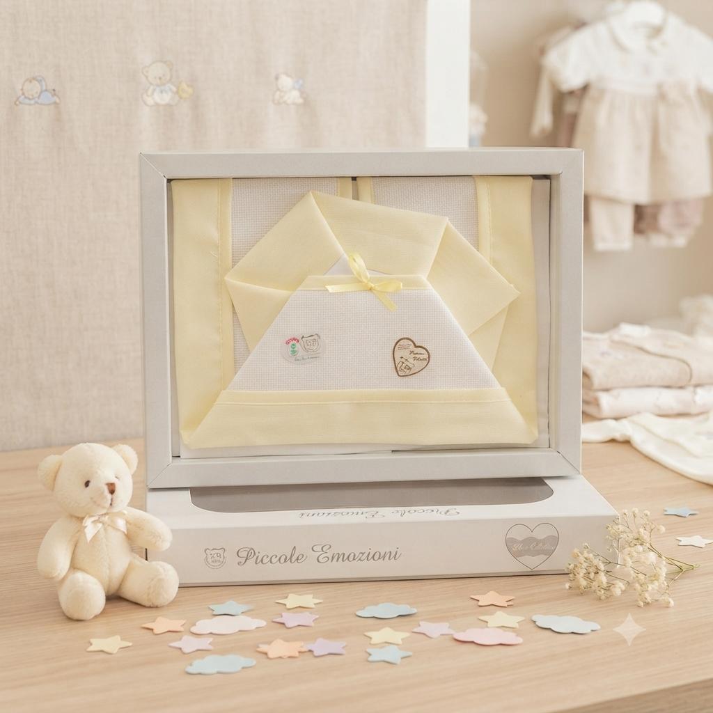 Set Lenzuola Culla- Piccole Emozioni – Con Inserto in Tela Aida da Ricamare – Bianco e Giallo