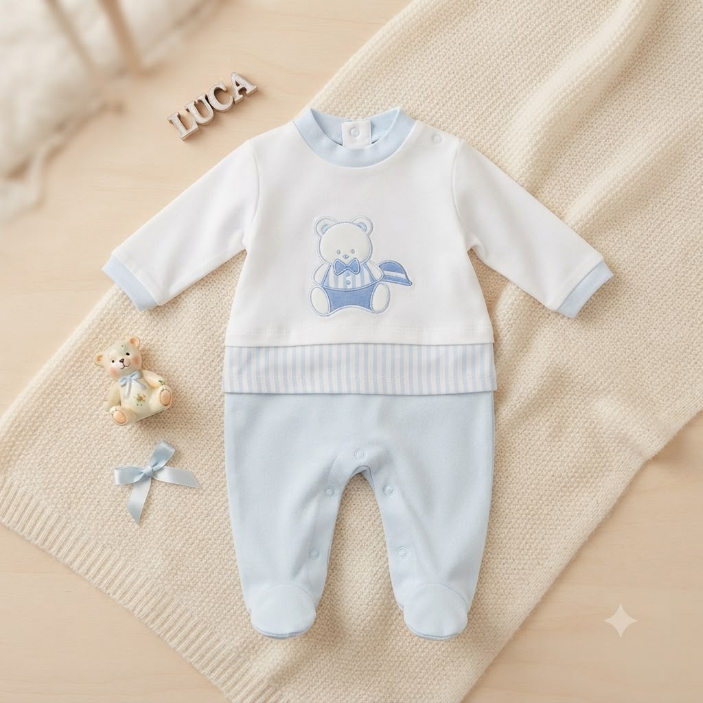 Tutina Neonato in Cotone Azzurra e Bianca con Ricamo Orsetto e Piedini