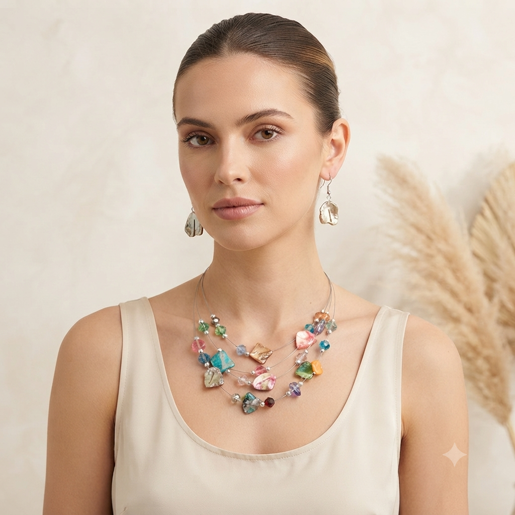 Set Bigiotteria Donna: Collana Multifilo Colorata + Orecchini Pendenti Coordinati