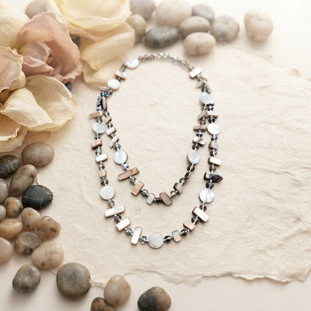 Collana Girocollo Doppio Filo nei Toni del Grigio e Argento con Pietre Sagomate