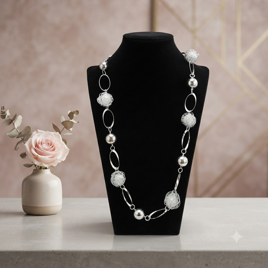 Collana Lunga Argentata con Sfere Lisce, Maglie Ovali e Perle Reticolate a Rete