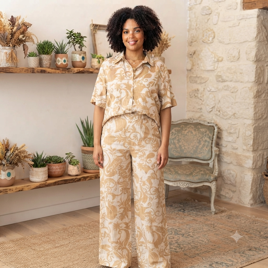 Completo Coordinato Donna Bianco e Beige con Stampa Barocca – Camicia e Pantalone Palazzo
