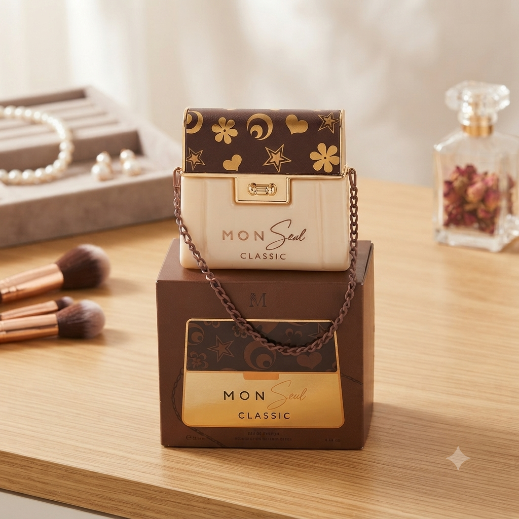 Profumo Donna Mon Seul Classic Eau de Parfum – Flacone a Forma di Borsetta Beige e Marrone con Catenella
