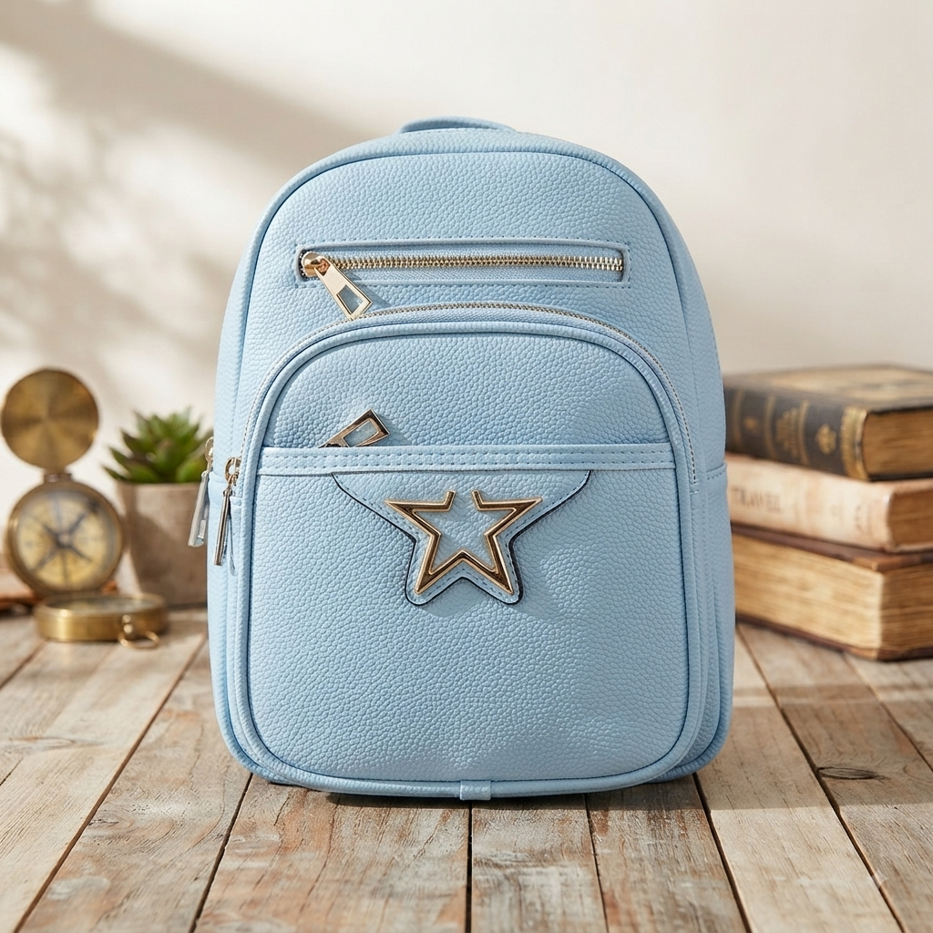 Zaino Donna Celeste Elegante in Eco-Pelle con Dettaglio Stella Dorata e Tasche Multiuso