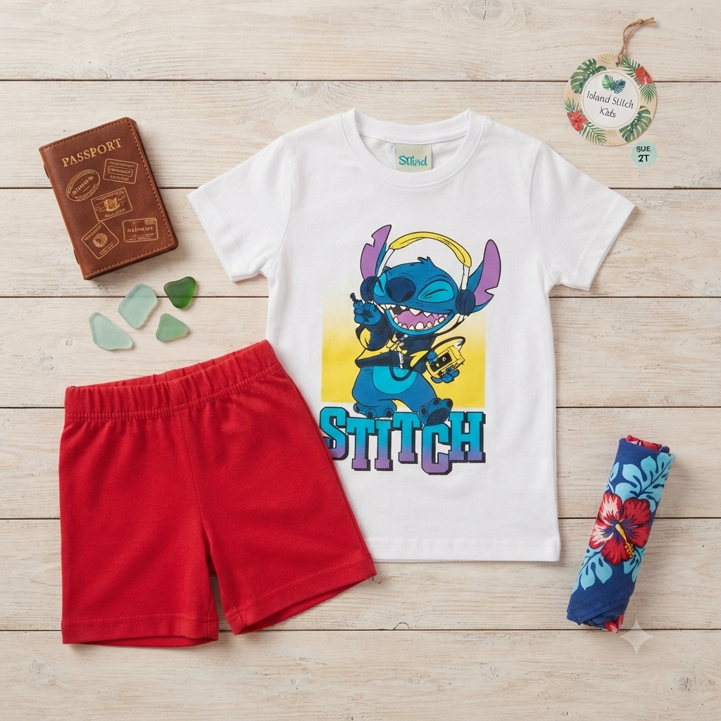 Titolo del prodotto: Completo Estivo da Bambino Stitch con Cuffie – Maglietta Bianca e Pantaloncini Rossi