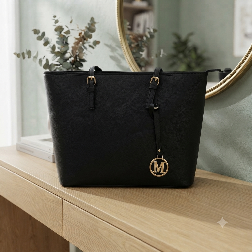 Borsa Shopping da Donna Nera Elegante con Pendente Logo Dorato