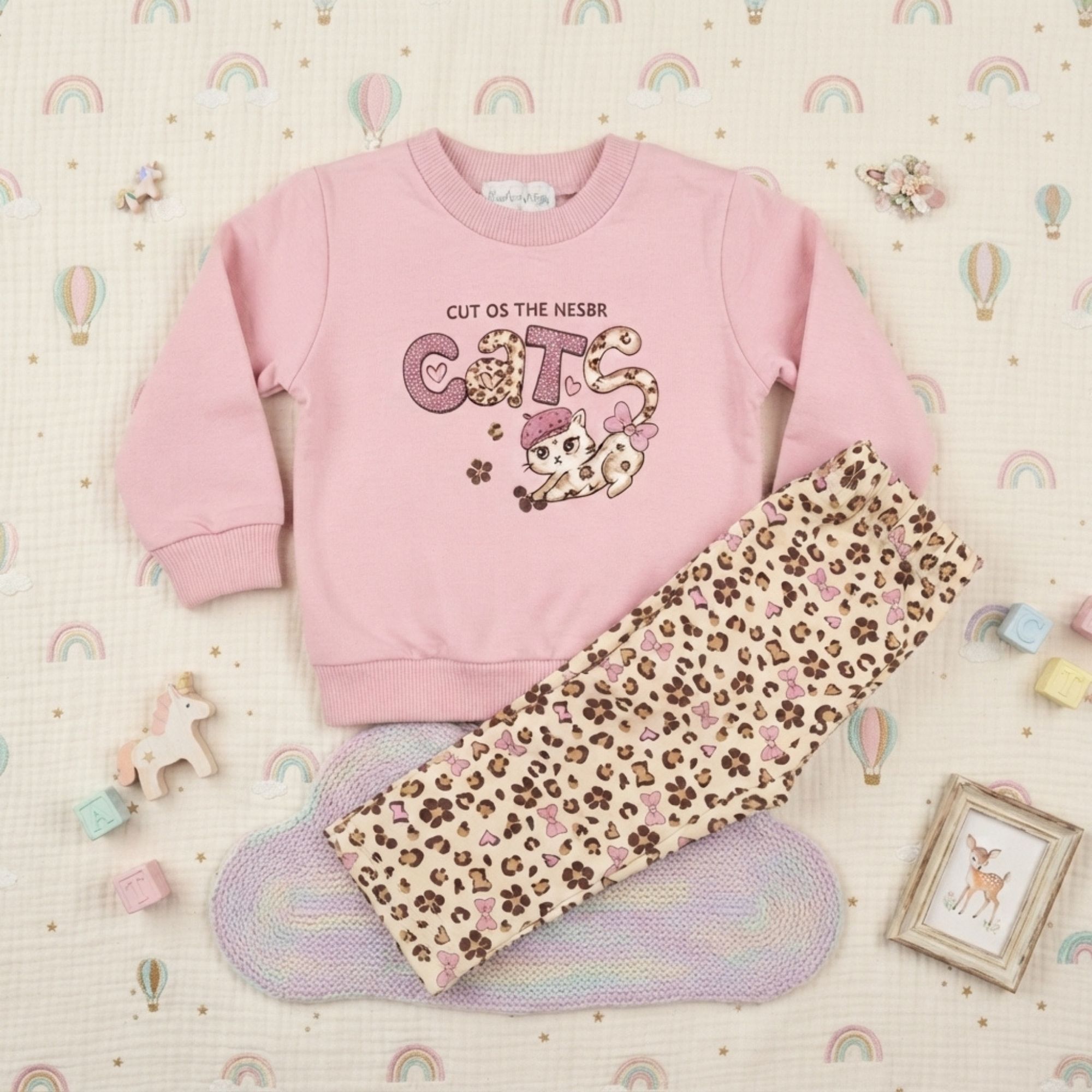 Completo Bimba Rosa Gatto Glitter e Pantaloni Animalier Leopardati – Set Neonata e Bambina