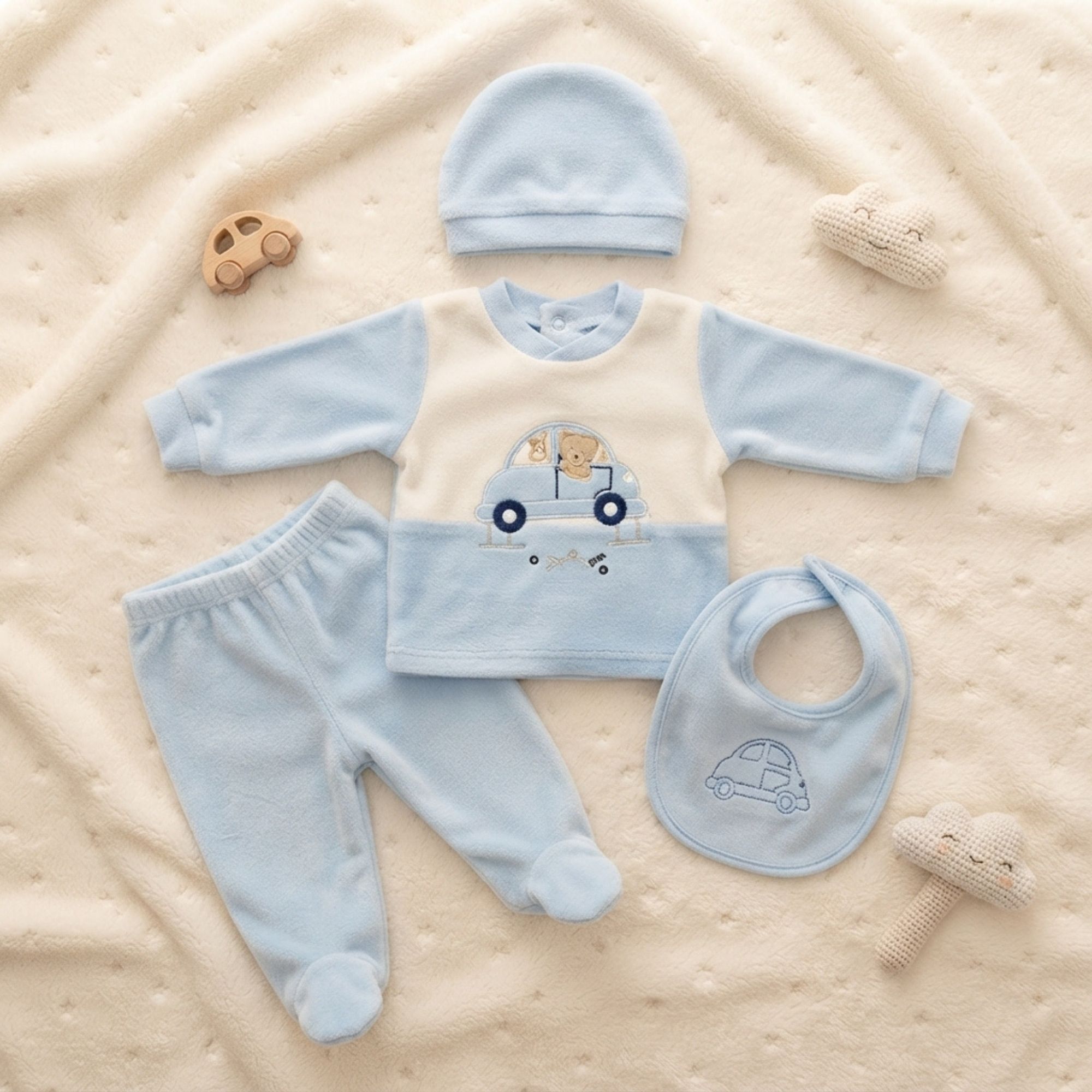 Set Corredino Nascita Neonato in Soffice Ciniglia Azzurra e Panna