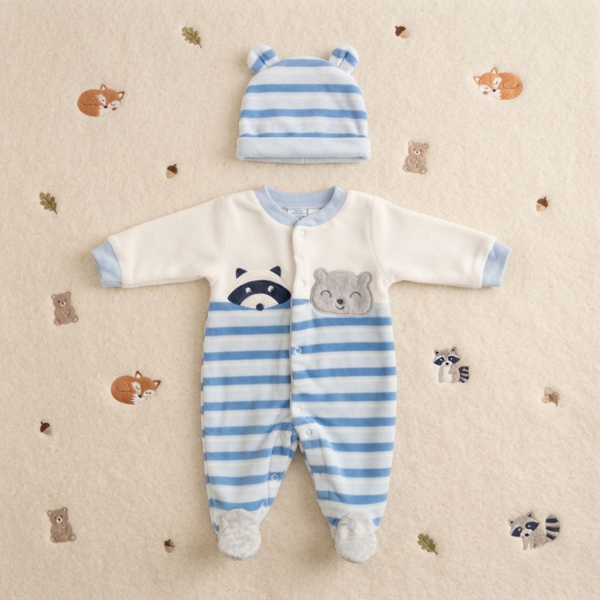 Tutina Neonato in Ciniglia con Cappellino 2 Pezzi: Set Azzurro e Bianco a Righe con Procione e Orsetto