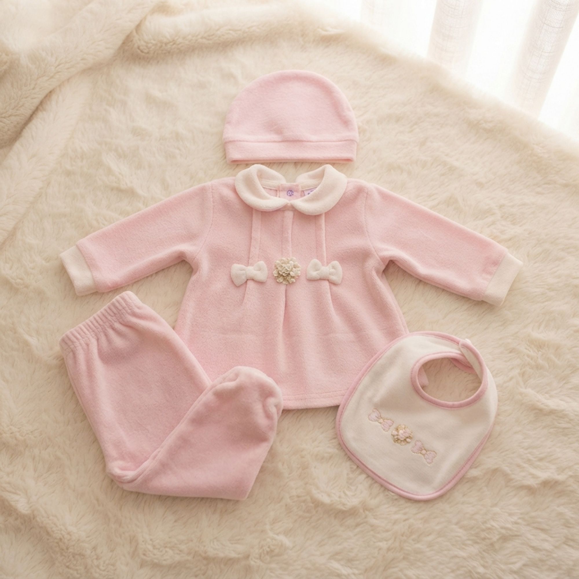 Corredino Neonato Neonata in Ciniglia Rosa 4 Pezzi – Set Nascita Elegante con Fiocchetti e Colletto