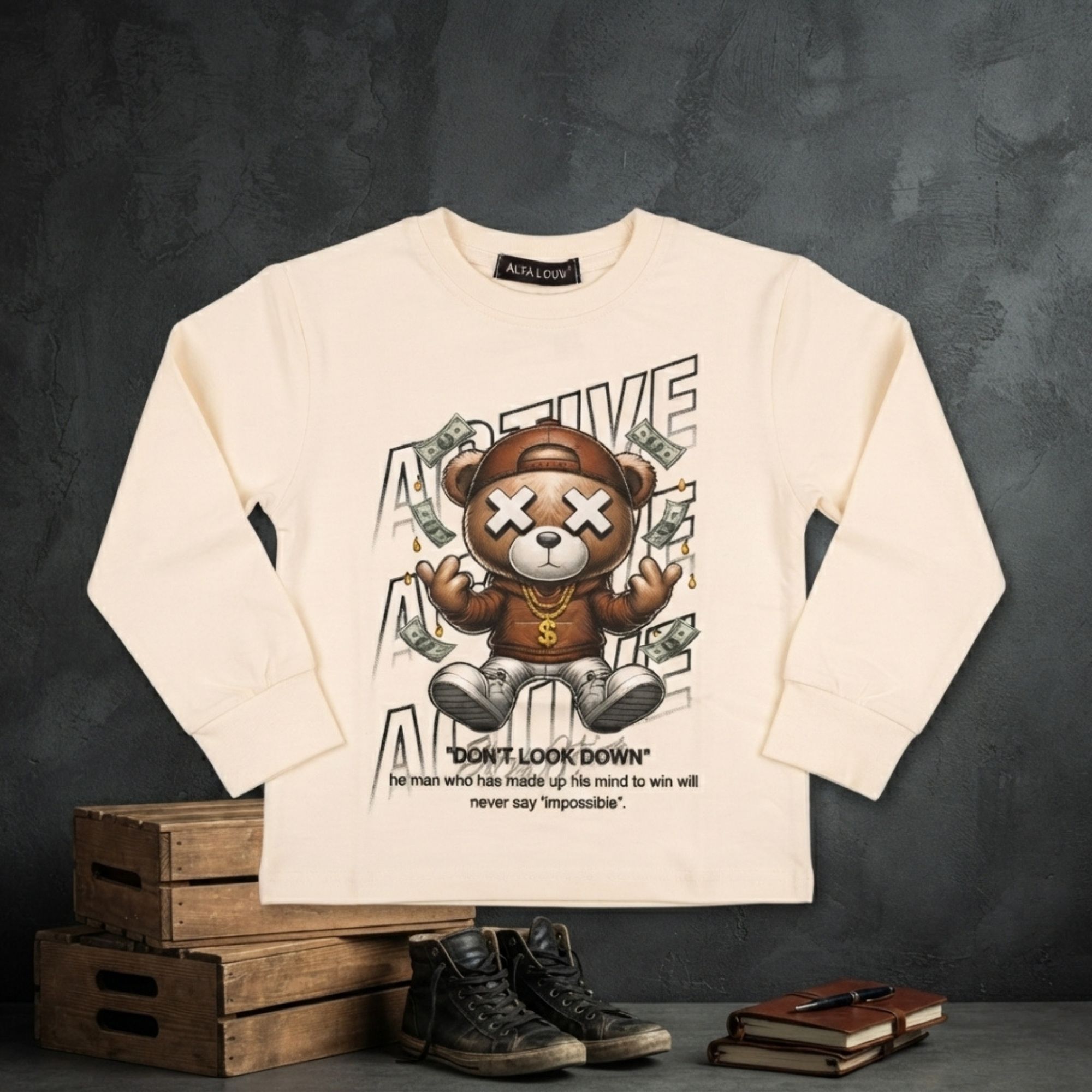 Maglia Bimbo Caldo Cotone Panna Streetwear: Maglietta Maniche Lunghe Girocollo con Stampa “Bad Bear”