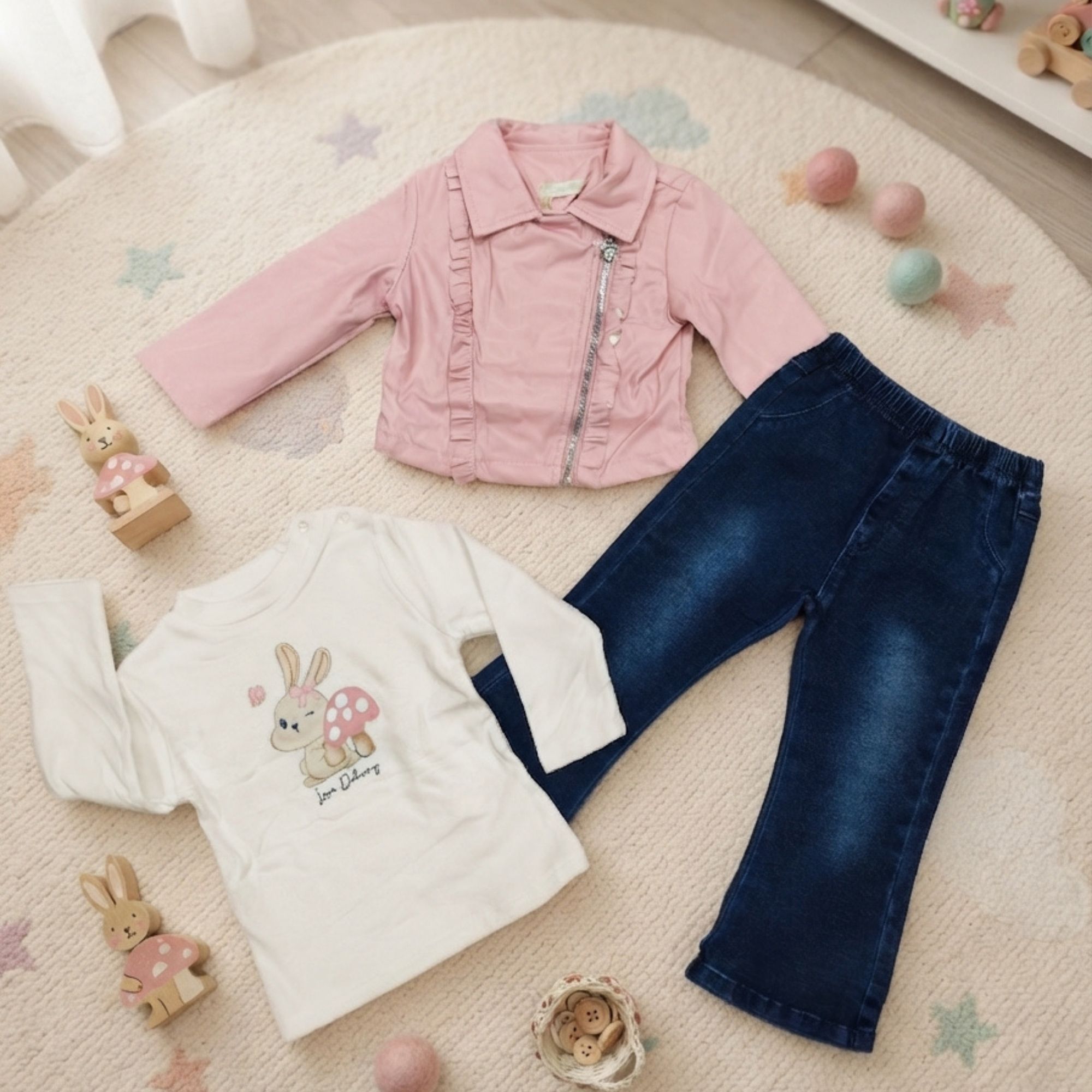 Outfit Completo Bambina 3 Pezzi – Giacca Chiodo Ecopelle Rosa, Maglia Coniglietto e Jeans Denim