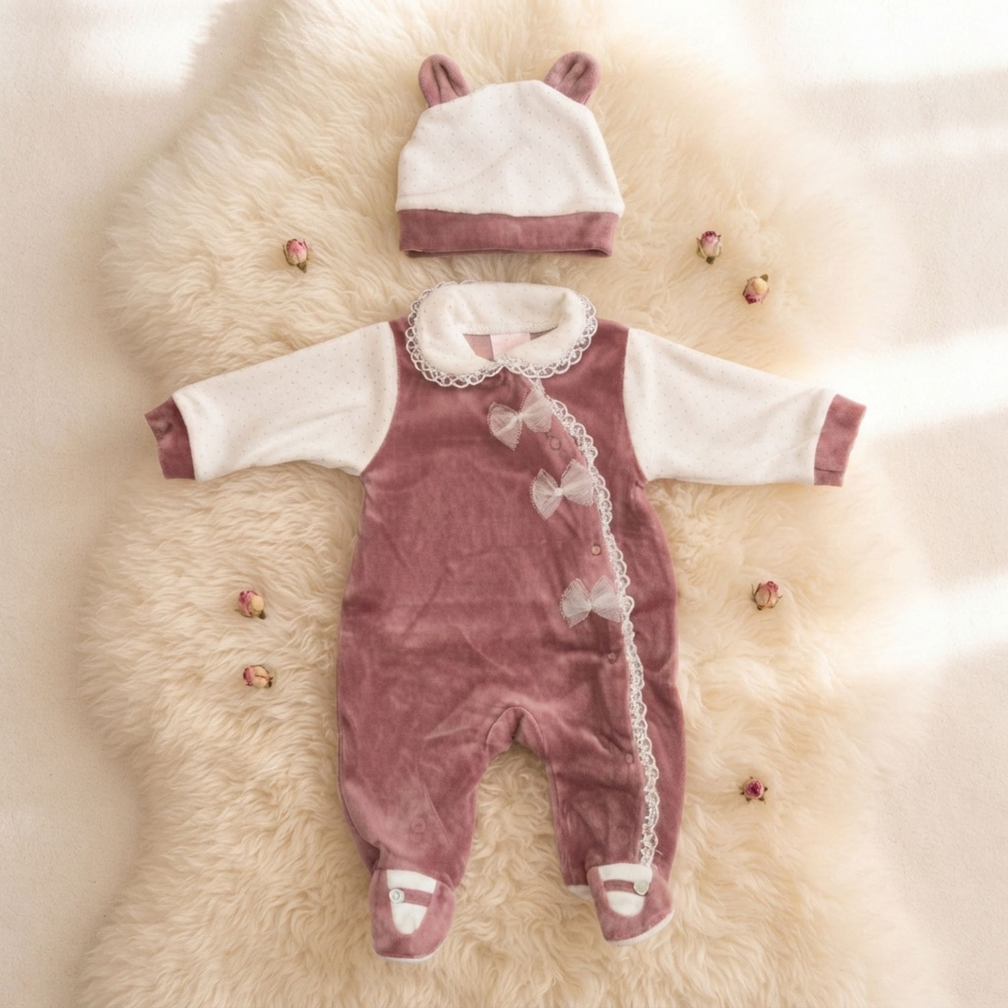 Tutina Neonato in Ciniglia Rosa Antico 2 Pezzi – Set Nascita Elegante con Pizzo, Fiocchi e Cappellino con Orecchie