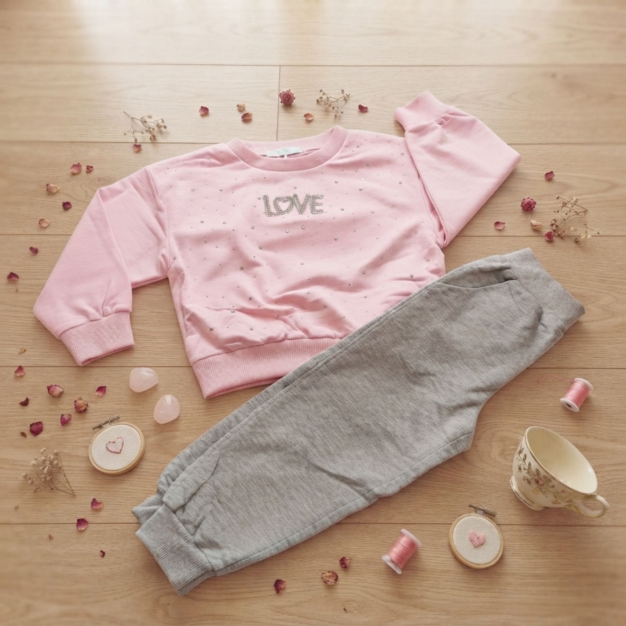 Tuta Bambina 2 Pezzi Rosa e Grigio “LOVE” – Felpa con Strass e Joggers Grigio Melange
