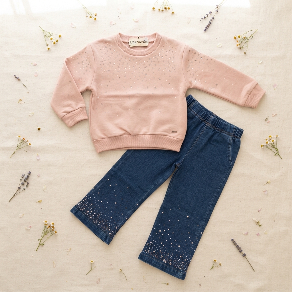 Completo Bambina 2 Pezzi: Felpa Rosa Cipria e Jeans Flare con Pioggia di Strass Brillanti